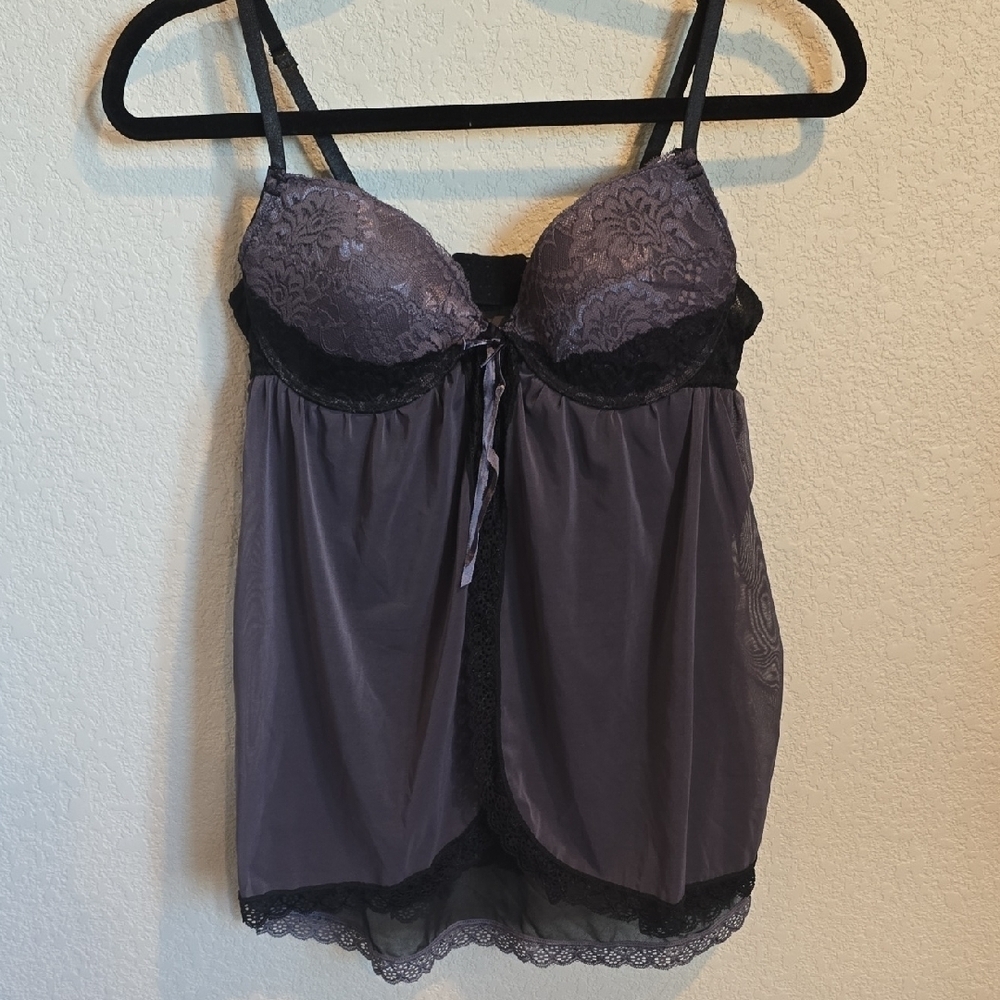 โCharcoal Grey & Black Lace Trim Babydoll Chemise - 38B